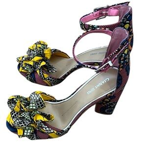 GIANNI BINI LORREE COLORFUL RUFFLE BOW CHUNKY HEELS MULTICOLORED SIZE 8.5